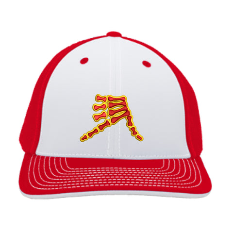 AkS Bones Trucker Hat in White and Red with Yellow