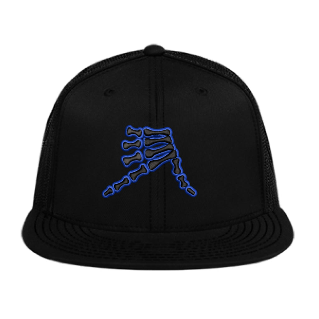 AkS Bones Flatbill Trucker Hat in Black with Black & Royal