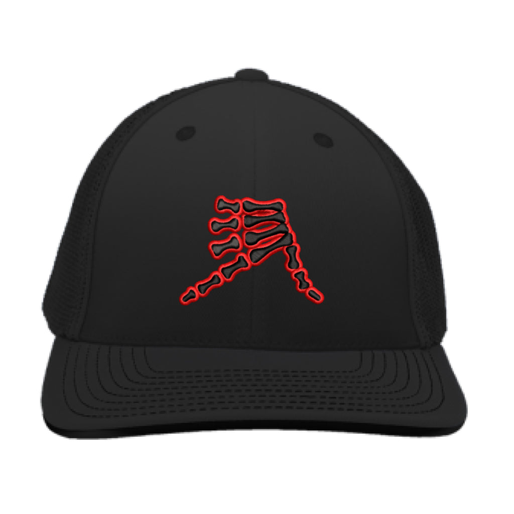 AkS Bones Flatbill Trucker Hat in Black with Black & Red