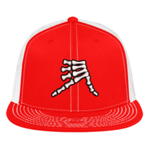 AkS Bones Snap-Back Flatbill Trucker hat in Red & White & Black