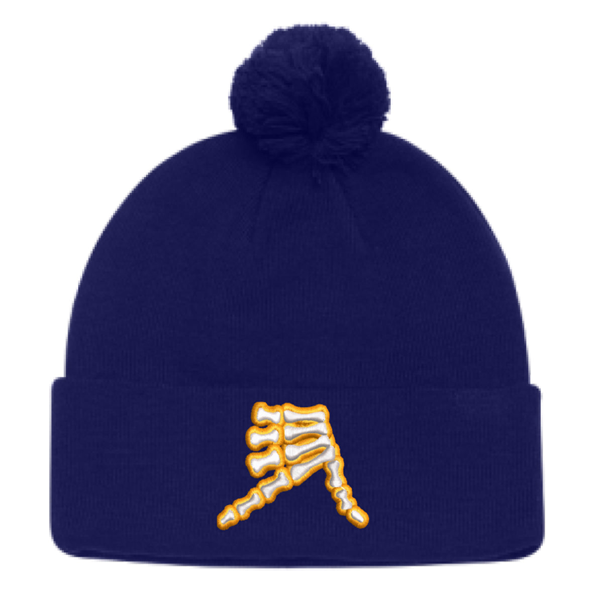 AkS Bones Beanie Pom-Pom Cuff in Navy & White & Yellow