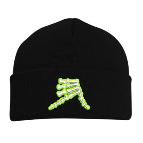 AkS Bones Beanie Knit Cuff in Black & White & Neon Green