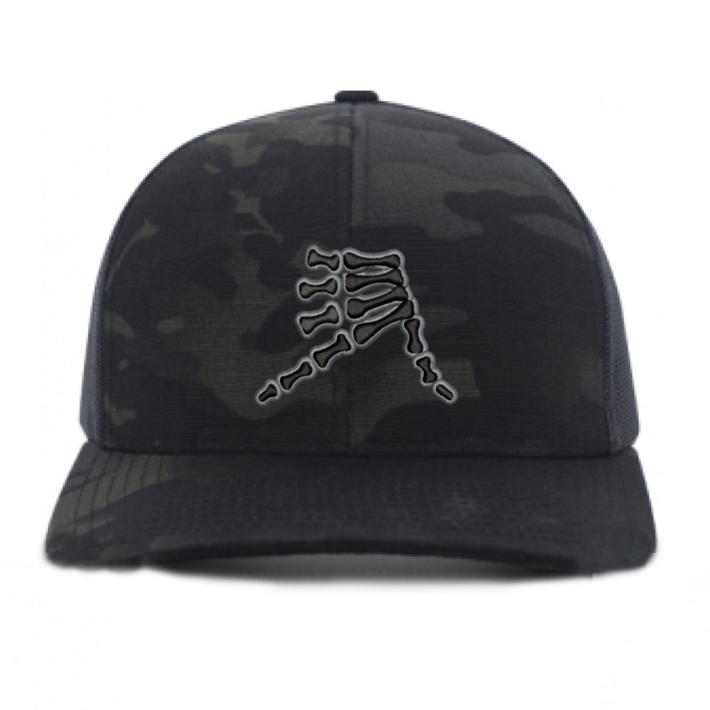 AkS Bones Snap-Back Trucker hat in Black Camo & Graphite