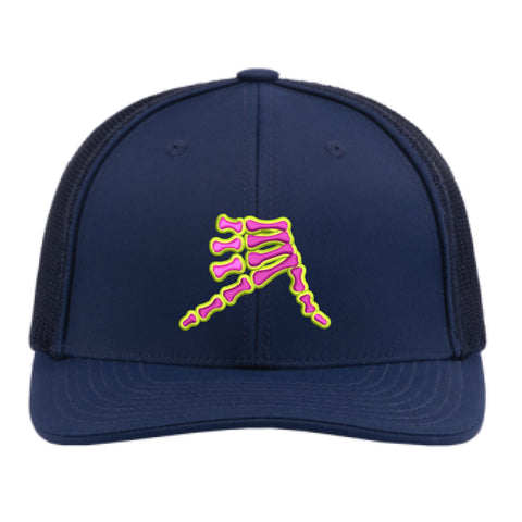AkS Bones Trucker Hat in Navy and Neon Pink and Neon Yellow