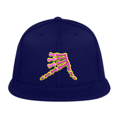 AkS Bones Flatbill Trucker Hat in Navy and Neon Pink & Neon Yellow
