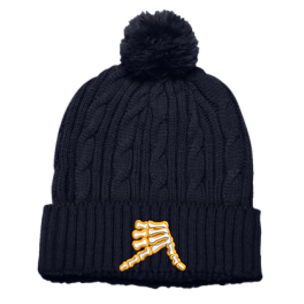 AkS Bones Beanie Cable Knit Pom-Pom in Navy & White & Yellow