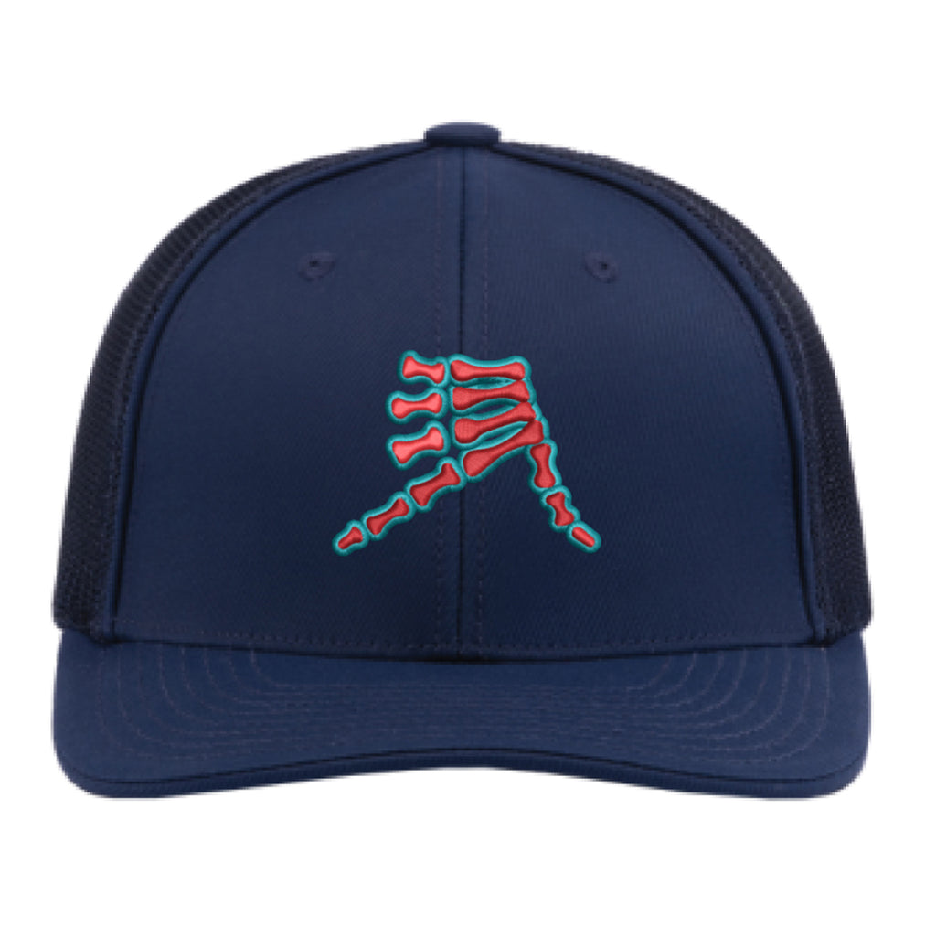 AkS Bones Trucker Hat in Navy and Red Orange and Teal