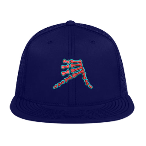 AkS Bones Flatbill Trucker Hat in Navy and Red Orange and Teal