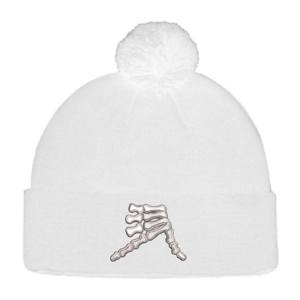 AkS Bones Beanie Pom-Pom Cuff in White & Silver