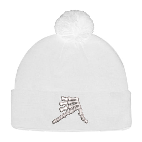 AkS Bones Beanie Pom-Pom Cuff in White & Silver