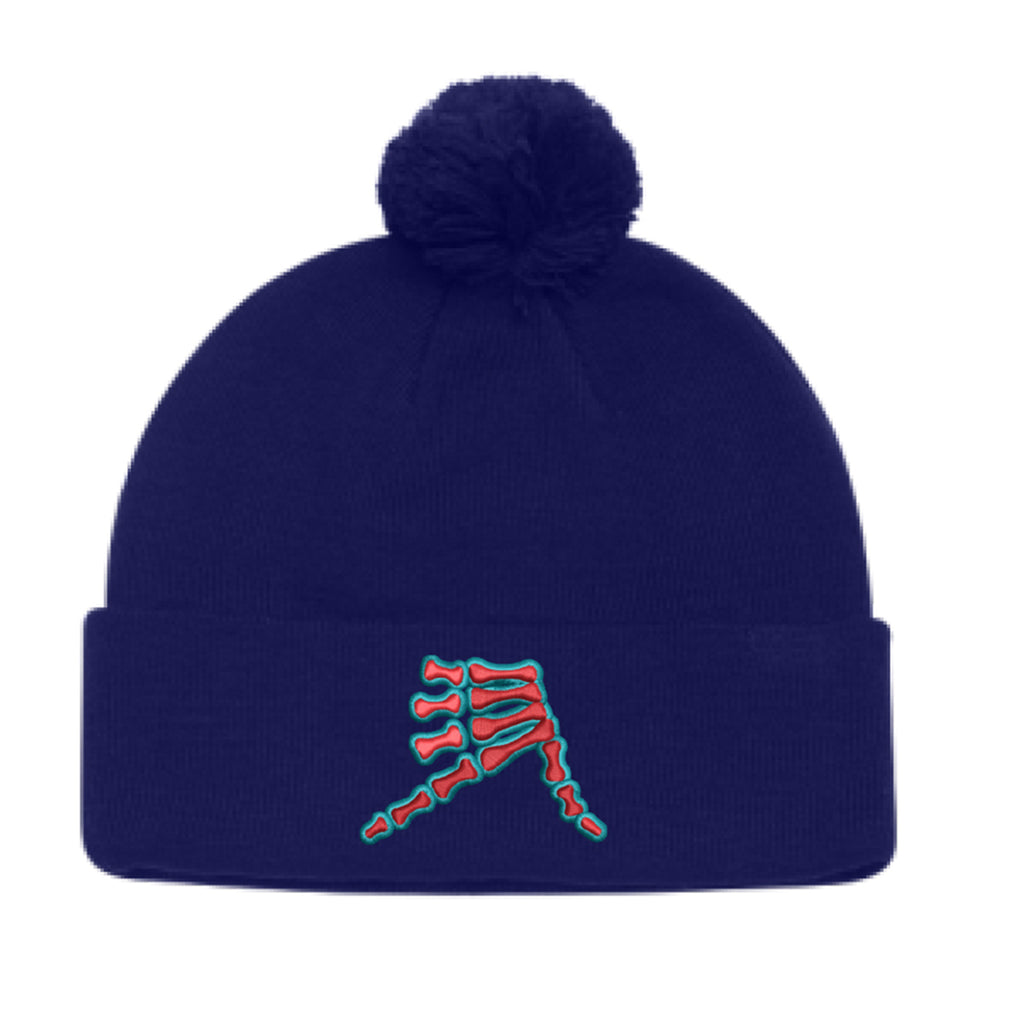 AkS Bones Beanie Pom-Pom Cuff in Navy & Red Orange & Teal