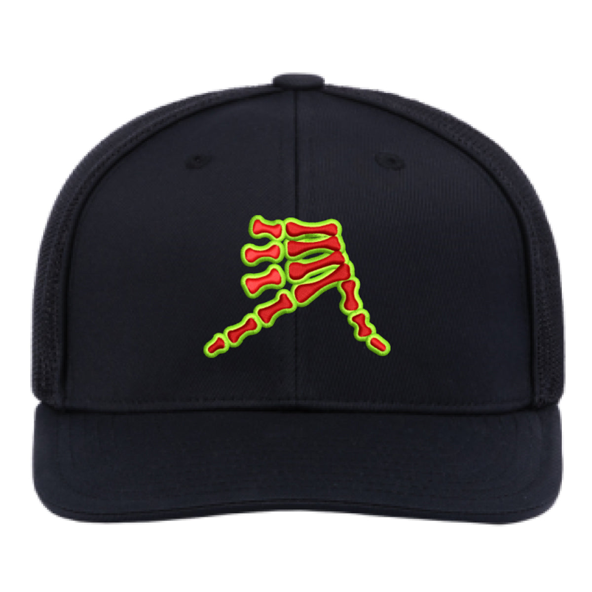 AkS Bones Flatbill Trucker Hat in Black with Red and LimeDrop