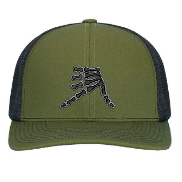 AkS Bones Snap-Back Trucker hat in Moss Green & Black with Black