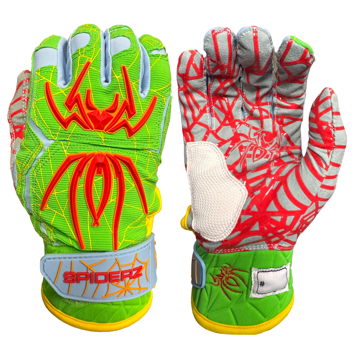 Spiderz Endite Batting Gloves – Neon Green/Red/Columbia Blue