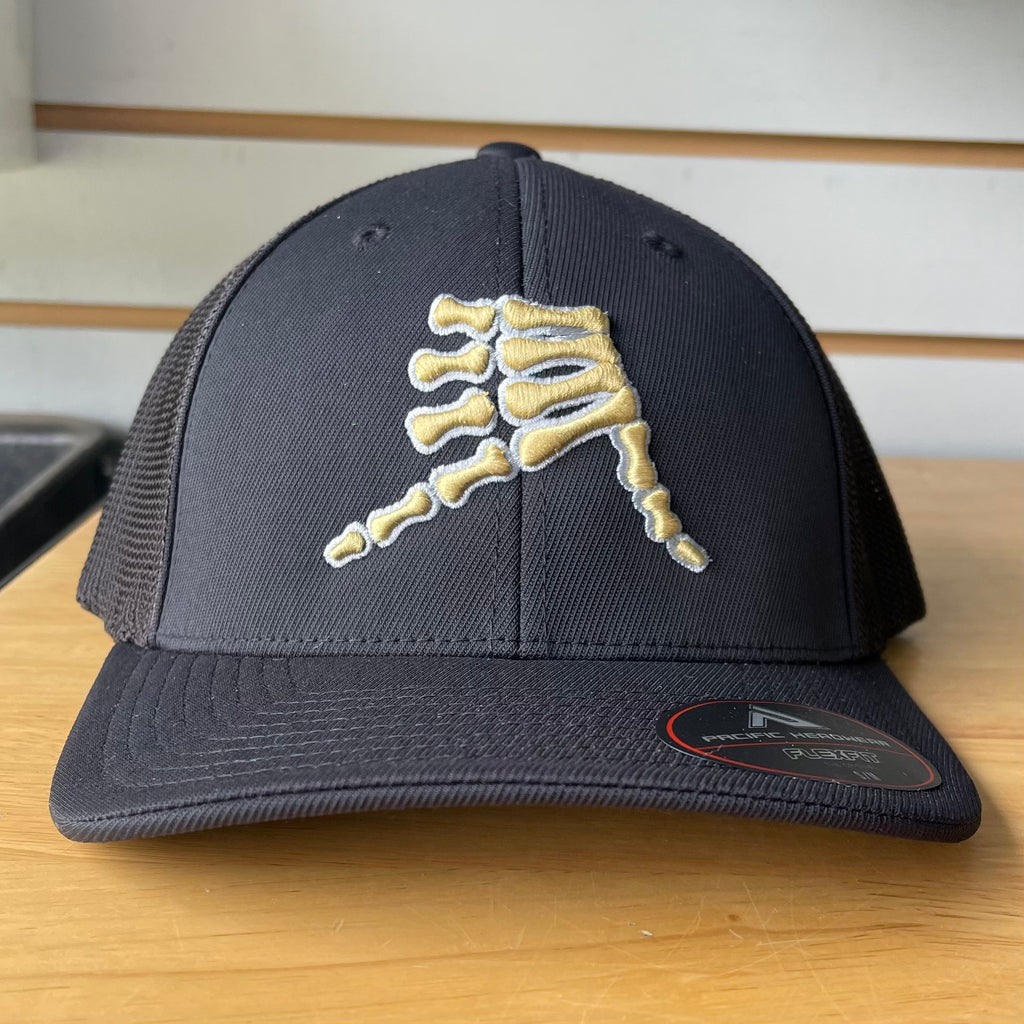 AkS Bones Snap-Back Trucker Hat in Black with Gold & Silver