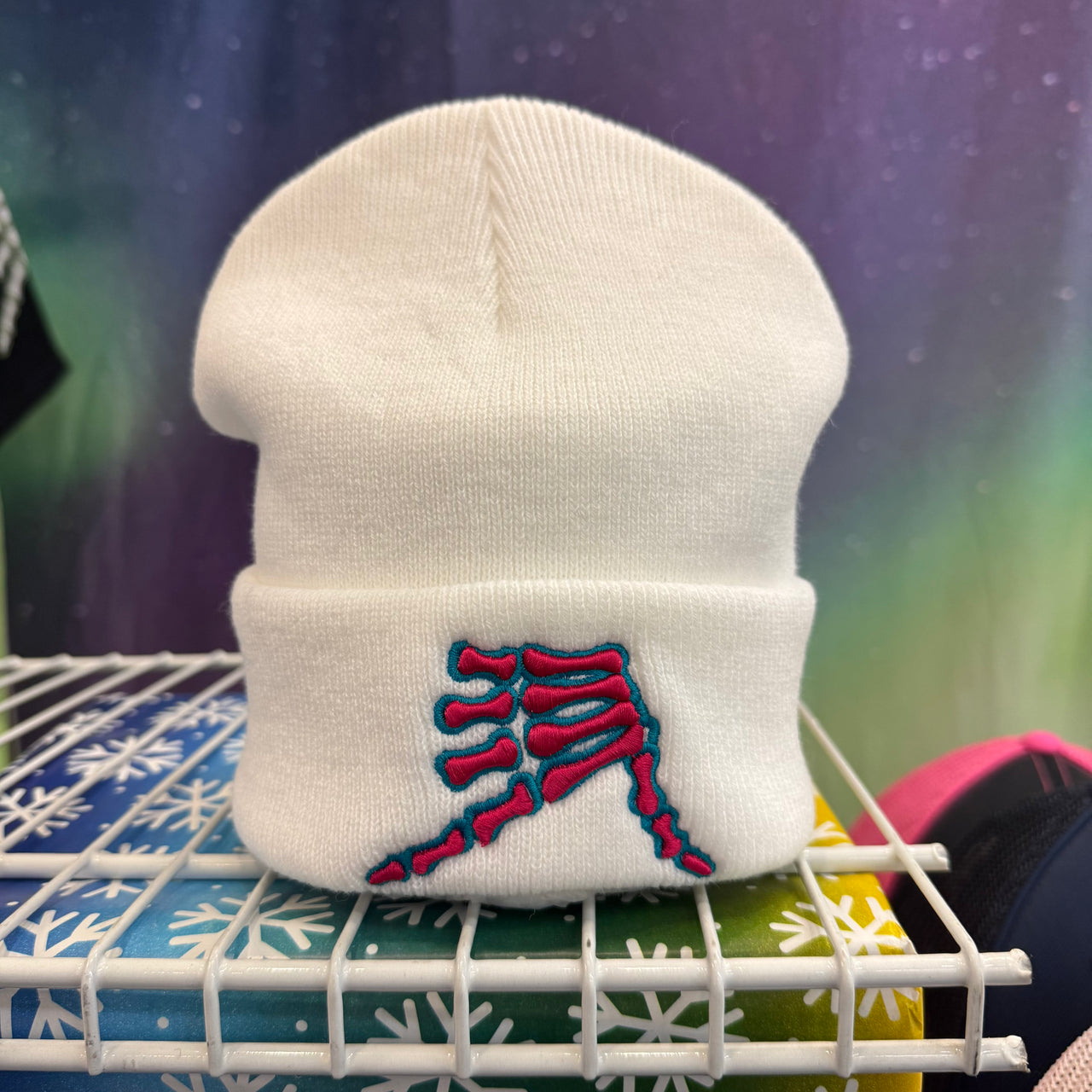 AkS Bones Beanie Knit Cuff in White & Pink & Teal