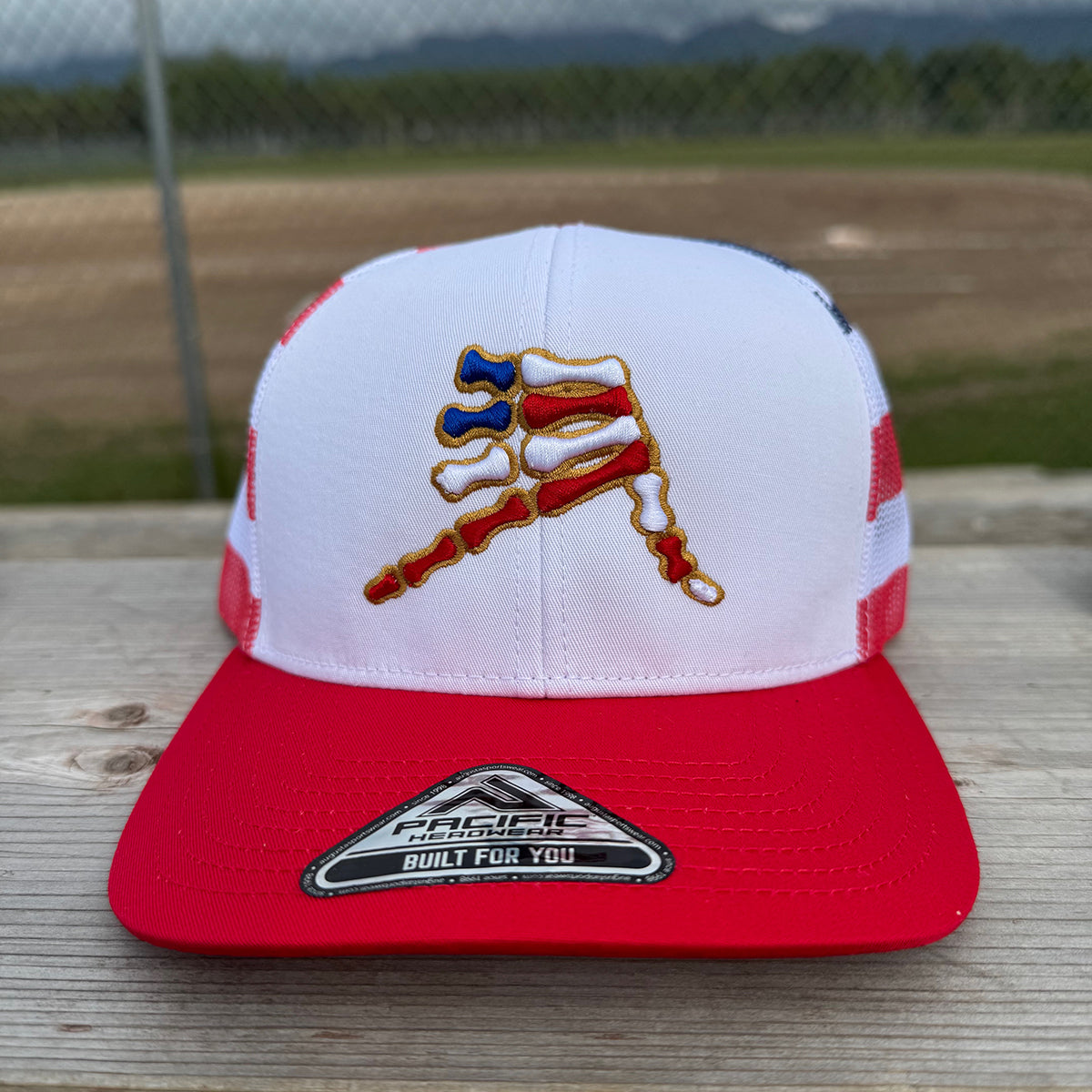 AkS Bones Stripes Snap-Back Trucker hat in White, Red and Flag