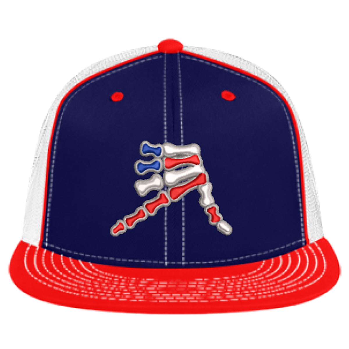 AkS Bones Stripes Flatbill Trucker hat in Navy, White and Red