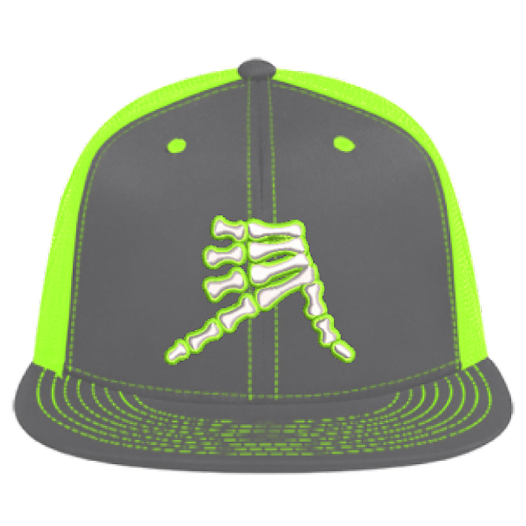 AkS Bones Flatbill Trucker Hat in Graphite & Neon Green