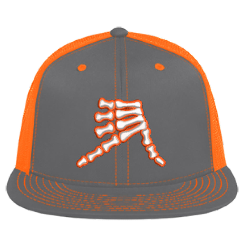 AkS Bones Flatbill Trucker Hat in Graphite & Neon Orange