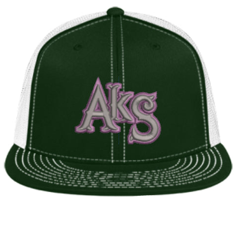 AkS Original Flatbill Trucker Hat in Dark Green & White with Purple