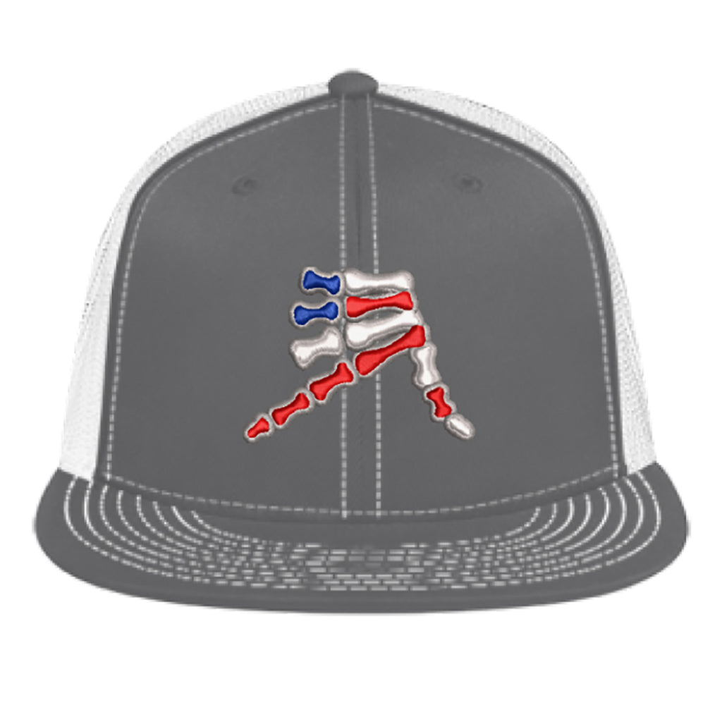 AkS Bones Stripes Flatbill Trucker hat in Graphite & White