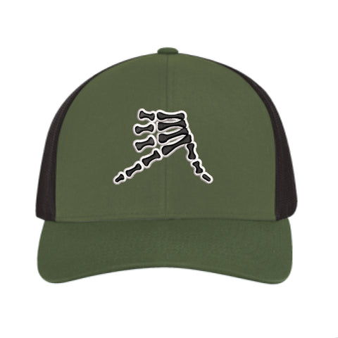 AkS Bones Snap-Back Trucker hat in Moss Green & Black with Black
