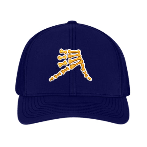 AkS Bones Snap-Back Trucker hat in Navy with Yellow