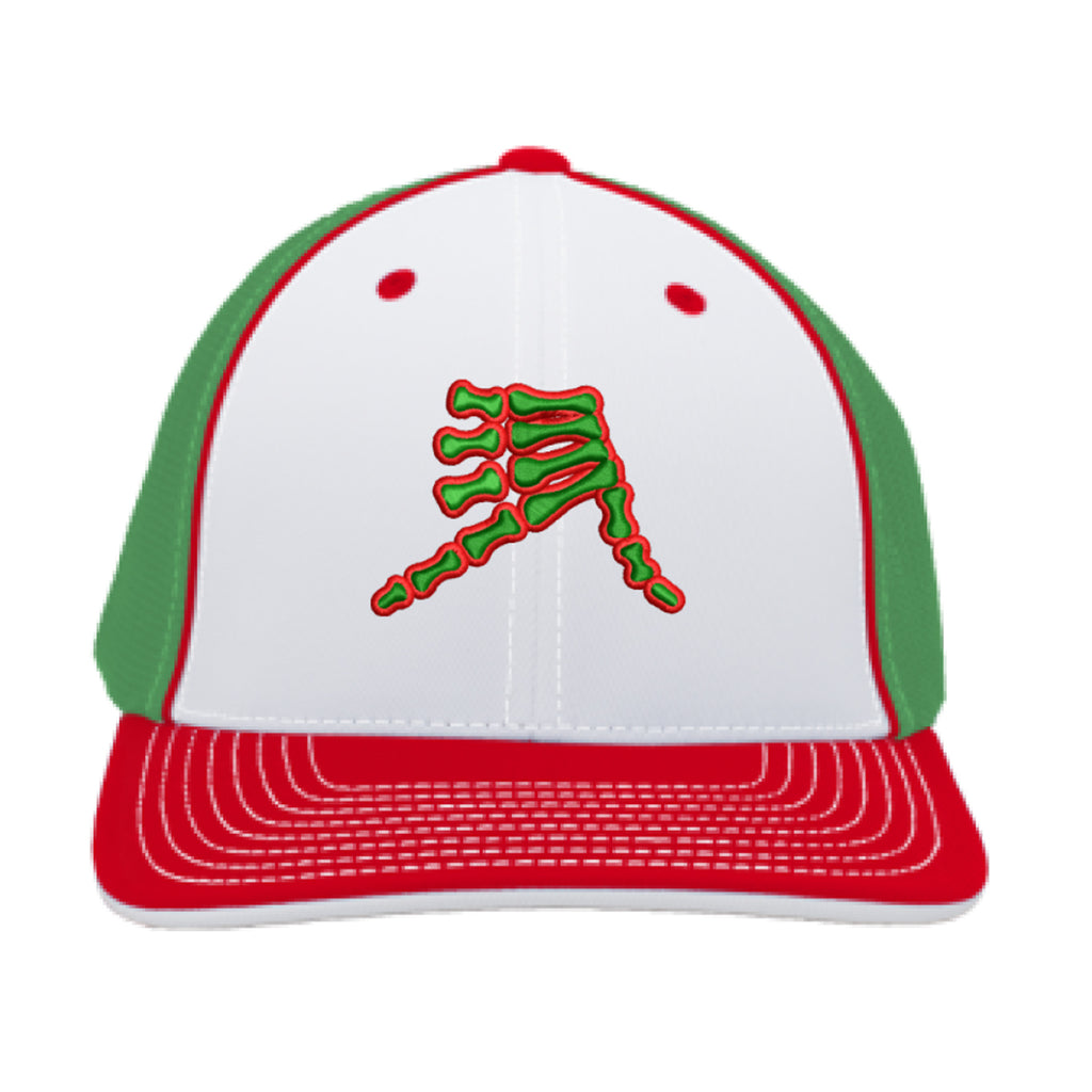 AkS Bones Trucker Hat in White & Kelly Green & Red with Kelly Green