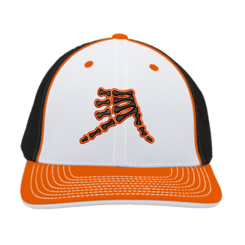 AkS Bones Trucker Hat in White & Black & Orange with Black