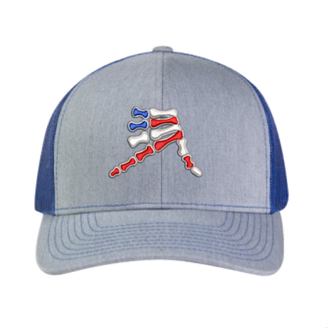 AkS Bones Stripes Snap-Back Trucker hat in Heather Gray & Royal