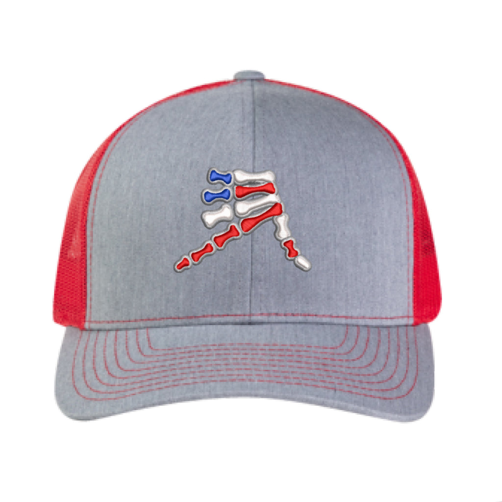 AkS Bones Stripes Snap-Back Trucker hat in Heather Gray & Red
