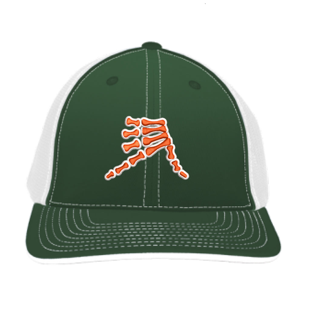 AkS Bones Trucker Hat in Dark Green with Orange