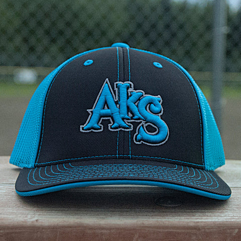 AkS Original Trucker Hat in Black & Neon Blue