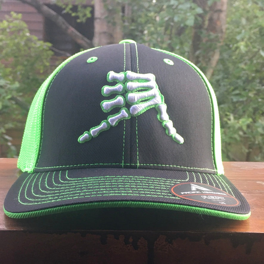 AkS Bones Trucker hat in Black and Neon Green