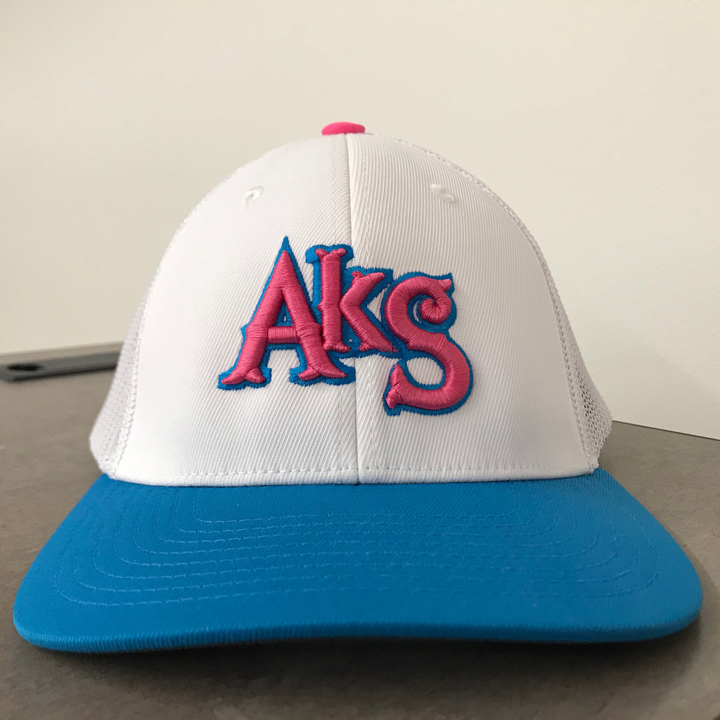 AkS Original Trucker Hat in White & Neon Blue with Neon Pink