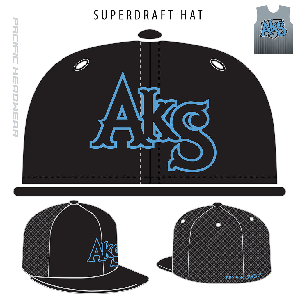 AkS Original Flatbill Trucker Hat in Black with Columbia Blue