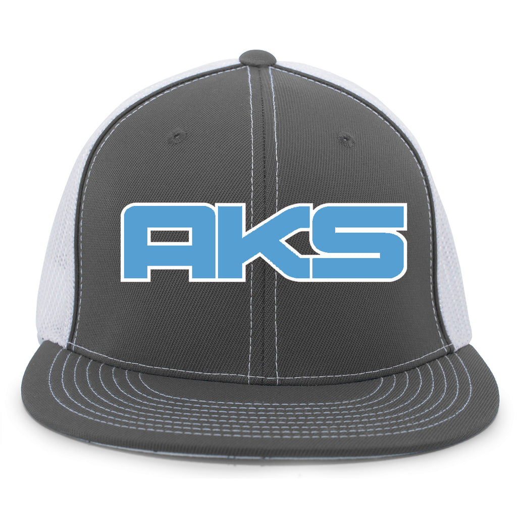 AkS Big Chi Flatbill Trucker Hat in Graphite & White with Columbia Blue