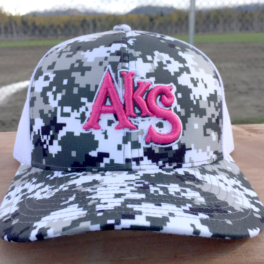 AkS Original Trucker Hat in Digi Snow & White with Pink