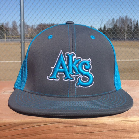 AkS Original Flatbill Trucker Hat in Graphite & Neon Blue