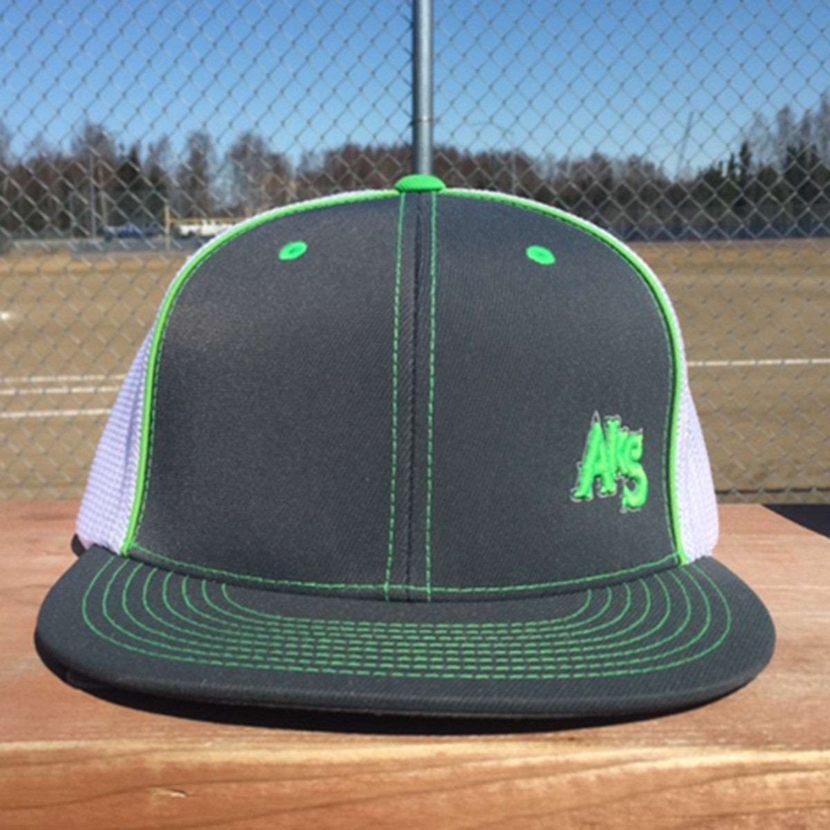 AkS Original SK8R Flatbill Trucker Hat in Graphite & Neon Green & White