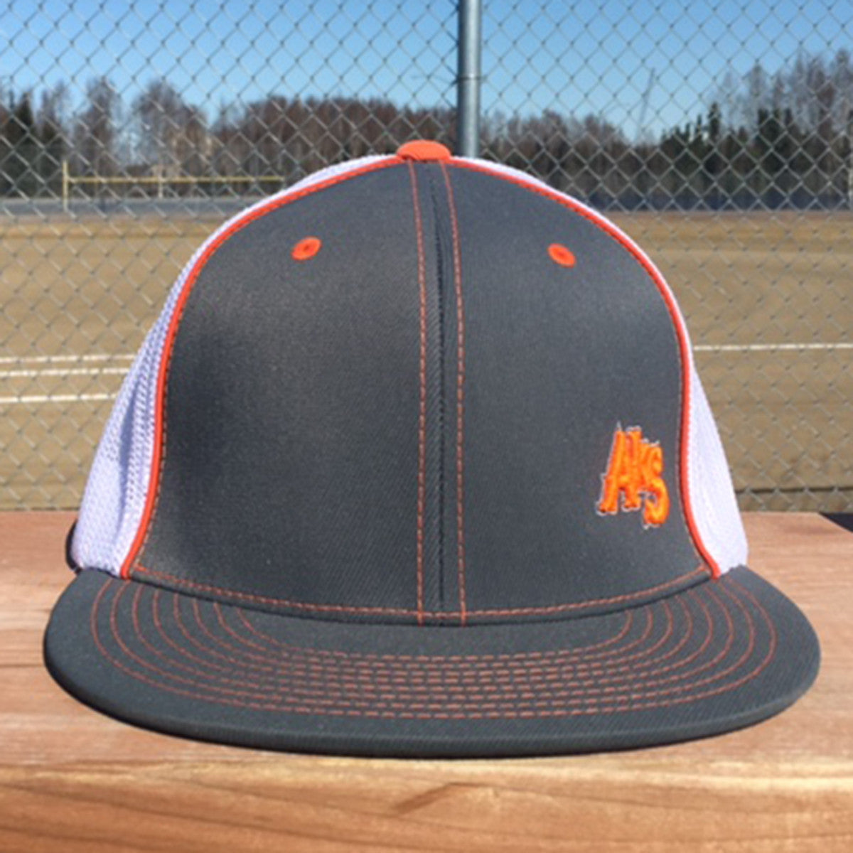 AkS Original SK8R Flatbill Trucker Hat in Graphite & Neon Orange & White