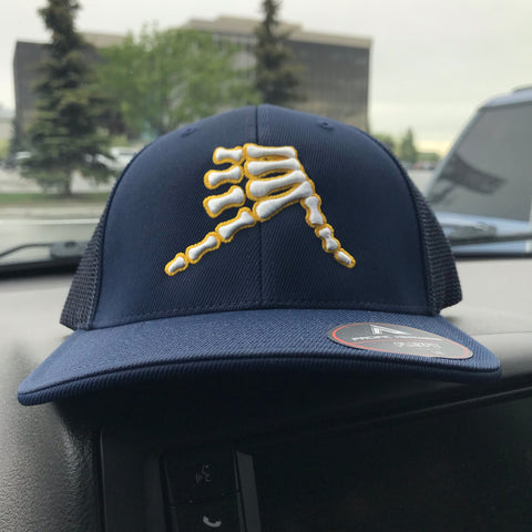 AkS Bones Trucker Hat in Navy with Yellow