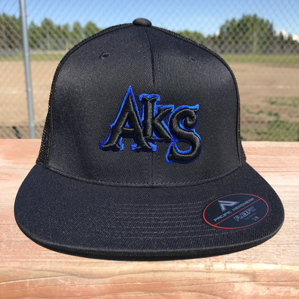 AkS Original Flatbill Trucker Hat in Black & Black with Royal