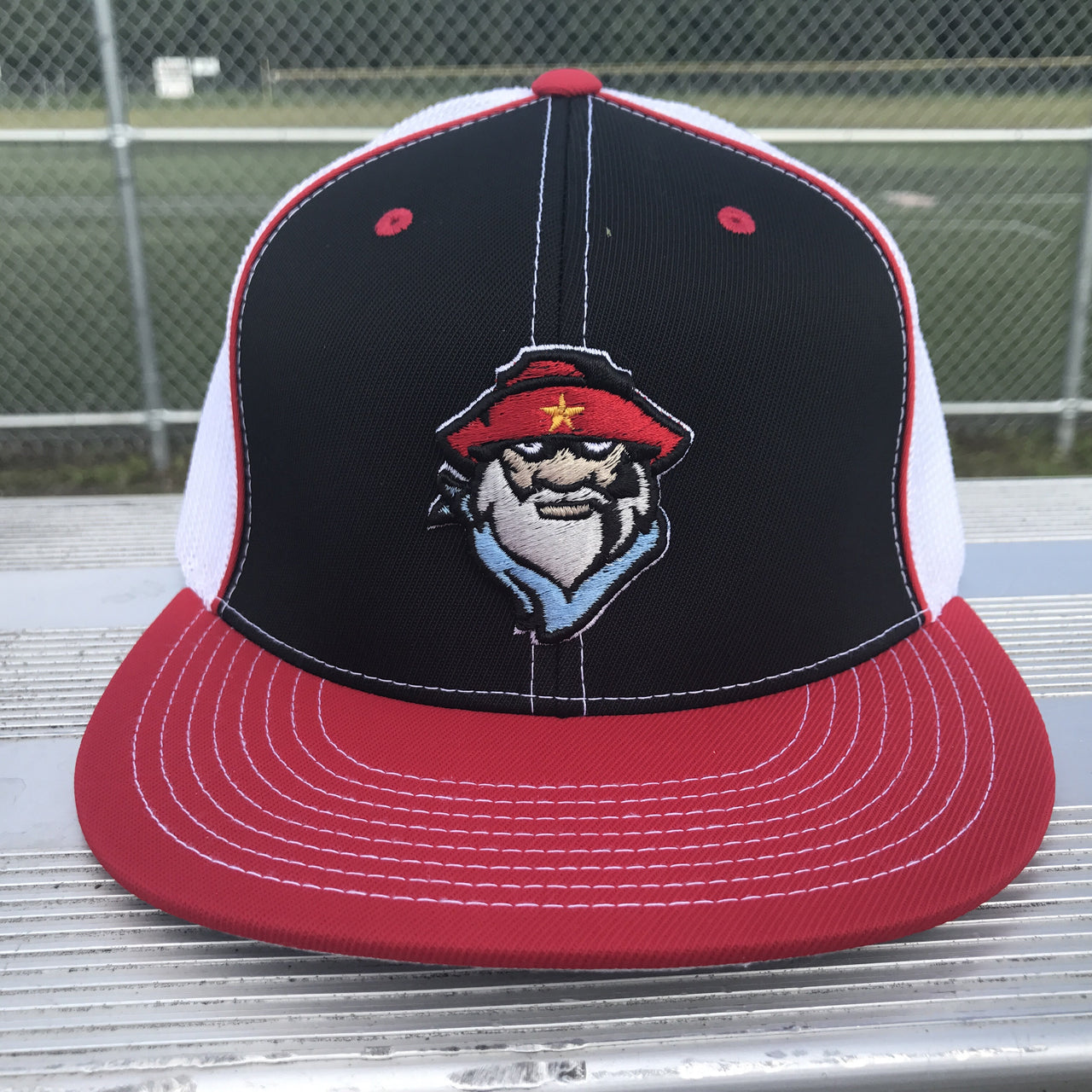 Prospectors Flatbill Trucker Hat in Black & Red & White