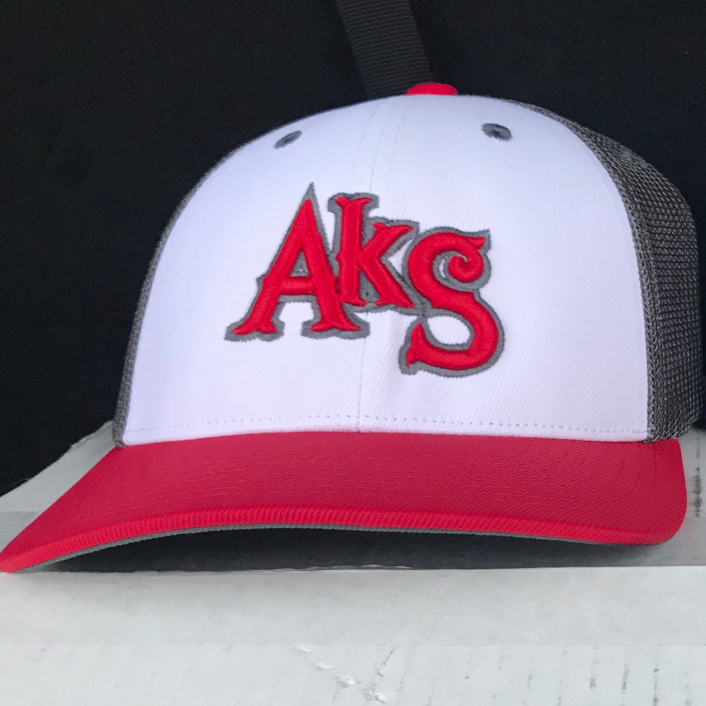 AkS Original Trucker Hat in White & Red & Graphite