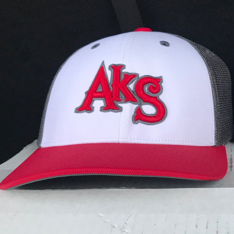 AkS Original Trucker Hat in White & Red & Graphite