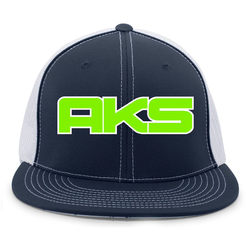 AkS Big Chi Flatbill Trucker Hat in Navy & White with Neon Green