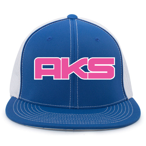 AkS Big Chi Flatbill Trucker Hat in Royal & White with Pink