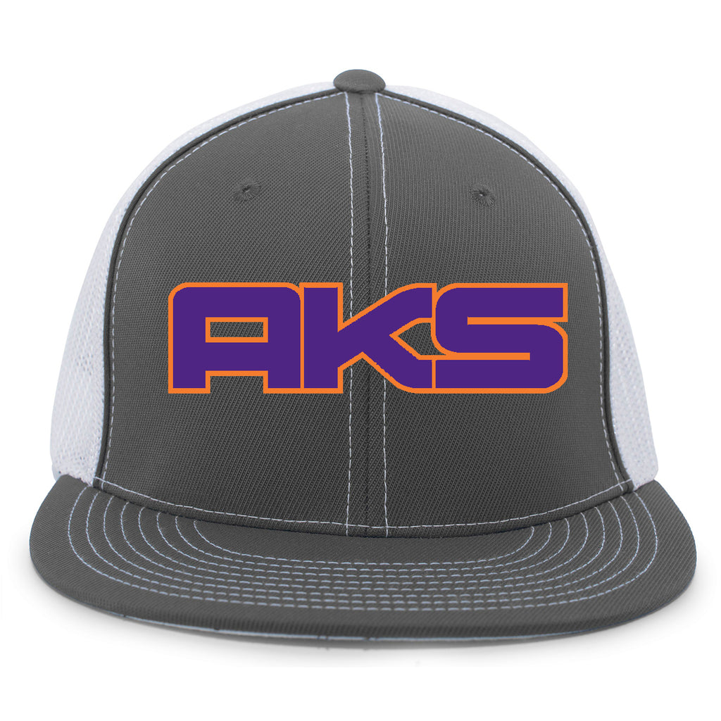 AkS Big Chi Flatbill Trucker Hat in Graphite & White with Purple & Orange